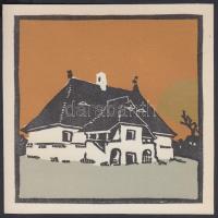 Kós Károly (1883-1977): Kalotaszegi kúria, színezett linómetszet, papír, jelzés nélkül, hátulján feliratozva, 12×12,5 cm