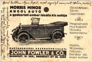Morris Minor angol autó, Magyarországi képviselet John Fowler & Co. reklám képeslap / automobile advertisement