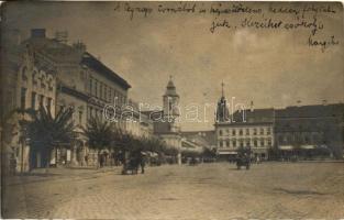 1912 Kolozsvár, Cluj; Mátyás király tér északi oldala, Püspöky divatáruház, Központi Szálloda / square, shop, hotel, photo (EK)