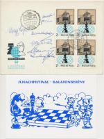 4 db MODERN Sakk motívumlap és boríték, híres sakkozók saját kezű aláírásaival (Benkő Pál, Adorján András, Gyimesi Zoltán, stb.) / 4 modern Chess motivecards and envelops with signatures of famous Hungarian Chess players