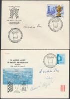 4 db MODERN sakk motívumlap és boríték női sakkversenyekről, híres sakkozók saját kezű aláírásaival ...