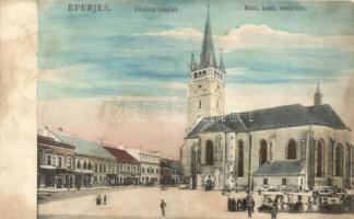 Eperjes, Presov; Fő utca, római katolikus templom, kiadja Divald Károly fia / street, church (fl)