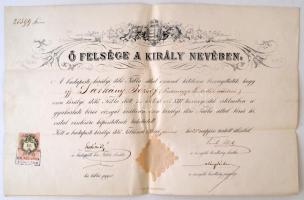 1883 Őfelsége a király nevében kiadott táblabírói vizsgadiploma Sárközy József számára szárazpecséttel, 1 ft okmánybélyeggel