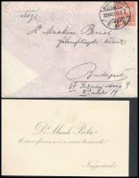 1915 Dr. Munk Béla levele Munkácsi Bernát néprajztudós részére, a címzett válaszlevelével és Munk Béla névjegykártyájával.