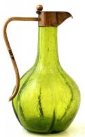 Zöld kraklé üveg karaffa, réz fogóval, és kiöntővel, jelzés nélkül, m: 16 cm. / Green glass carafe, with copper ear, and nose, without hallmark, m: 16 cm.