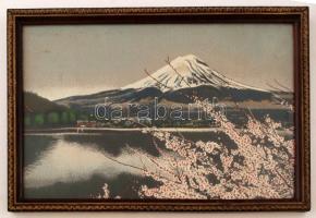 2 db. Japán textil kép, Sakuravirágzás a Fujival, Hegyi táj, jelzés nélkül, 29x42 cm, 21x43 cm. /
T...