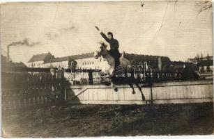 1912 Budapest, lovas ugratás / a Hungarian soldier while horse jumping, photo (fa)