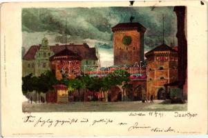 1898 München, Isarthor, Veltens Künstlerpostkarte No. 85. litho s: Kley