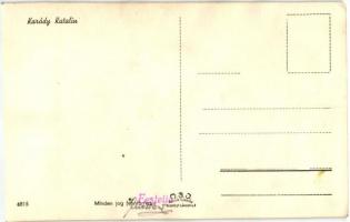 Karády Katalin, színezett fotó képeslap, a hátoldalon valószínűleg a nyomdában a festést végző munka...