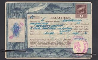 1944 Halászjegy. Litho, okmánybélyegekkel, horoggal átszúrva  / Fishing ticket