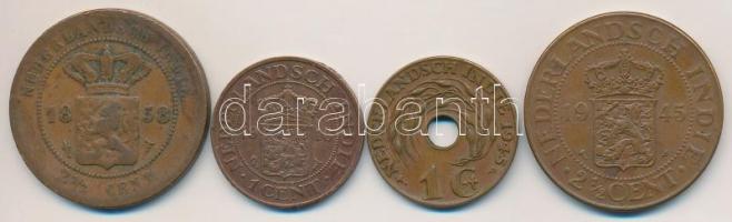 Holland-Kelet India 1858. 2 1/2c Cu + 1916. 1c Br + 1945P 1c Br + 1945P 2 1/2c Br T:2,2- ph. Netherlands East Indies 1858. 2 1/2 Cents Cu + 1916. 1 Cent Br + 1945P 1 Cent Br + 1945P 2 1/2 Cents Br C:XF,VF edge error Krause KM#308, KM#315, KM#317, KM#316