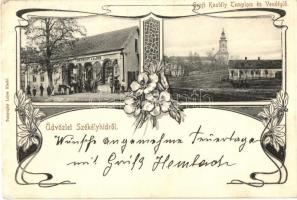 Székelyhíd, Sacueni; Grófi kasély templom és vendéglő, Tunyoghy Lajos üzlete, kiadja Tunyoghy Lajos / castle, church, inn, shop, floral, Art Nouveau (EB)