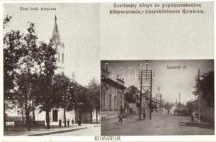 Komárom, Komárno; Római katolikus templom, Igmándi út, kiadja Szathmáry könyv és papírkereskedése / church, street (vágott / cut)