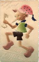 Buratino, az orosz Pinokkio, dombornyomott textildíszítésű modern képeslap / the Russian Pinocchio, Emb. mechanical modern card (non PC)
