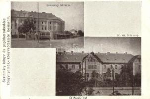 Komárom, Komárno; Lovassági laktanya, magyar királyi méntelep, Szathmáry könyv és papírkereskedése / Hungarian military barracks, haras (vágott / cut)