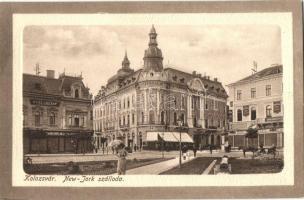 Kolozsvár, Cluj; New York szálloda, Iparbank, Weisz József, Schuster Emil üzletei, kiadja Bernát papíros áruház / hotel, bank, shops