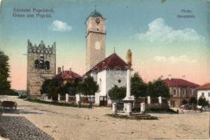 Poprád, Poprad; Fő tér, templom, Galló Ede üzlete, kiadja Divald és Monostory / main square, church, shop (EB)