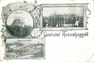 Rózsahegy, Ruzomberok; Vág híd és sétatér, Likava vár / bridge, promenade, castle, floral (EB)