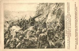 8. számú csataképes kártya; 37. cs. és kir. nagyváradi gyalogezred 16. százada kiúzi a montenegróiakat, Long Tom ágyú / WWI K.u.K. military, Montenegrin soldiers, cannon, artist signed (EB)