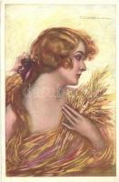 Italian art postcard, girl with wheat, Anna & Gasparini 516-3 s: T. Corbella