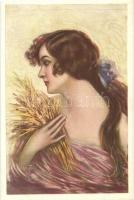 Italian art postcard, girl with wheat, Anna & Gasparini 516-5 unsigned T. Corbella