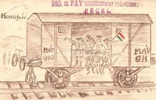 1934 A péceli 910. sz. FÁY cserkészcsapat kézzel rajzolt képeslapja / hand-drawn Hungarian scout groups postcard