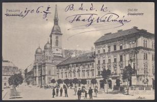 1906 Pozsony; Hal tér, Zsinagógát ábrázoló képeslap, rajta Thaly Kálmán (1839-1909) iró, költő, tudós üdvözlő soraival Szentkláray Jenő (1843-1925) régész, történész számára. / 1906 Pressburg with Synagogue