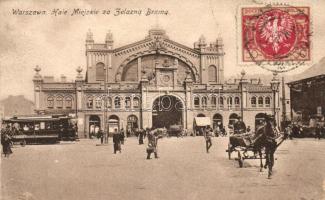 Warsaw, Warszawa; Hale Miejskie za Zelazna Brama / Town hall behind the Iron Gate, tram TCV card (b)