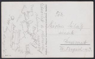 cca 1950 Sportolók, magyar olimpikonok által aláírt képeslap a Szekszárdi Olimpia Napokról, rajta Papp Laci és mások aláírásával