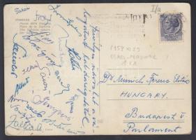 1959 A magyar labdarúgó válogatott játékosai által aláírt képeslap Münnich Ferencnek, Olaszországból az Olaszország-Magyarország 1:1 re végződött mérkőzés előtt. / 1959 Autograph signed postcard of the Hungarian team rom Italy