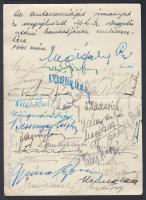 1941 A Magyar Labdarúgó Szövetség díszvacsorájának menükártyája. rajta "Az autonómiáját visszanyert és megujhodott MLSZ  közgyűlés utáni bankettjének emlékezetére" szöveg és a részt vevő sportvezetők és labdarúgók aláírásai