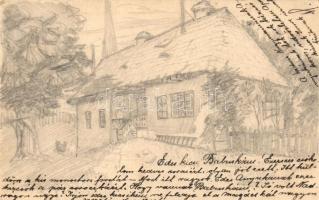 1911 Magyargyerőmonostor, Manastireni; Postahivatal, kézzel rajzolt képeslap / post office, hand-drawn postcard 5f Ga