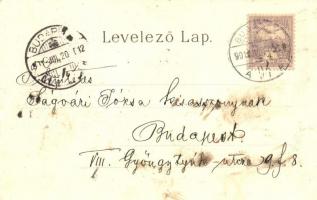 Budapest VIII. Kálvin tér, Baross utca, villamosok, gyógyszertár, 304. Ganz Antal litho