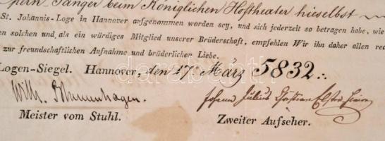 5832 [cca 1829] A hannoveri Fekete Medve páholy német nyelvű oklevele Jacob Rauscher (1771-1834) ném...