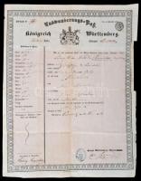1868 A Württembergi Királyság német nyelvű útlevele amerikai utazáshoz /  1868 A passport issued by the Kingdom of Württemberg for a journey to America