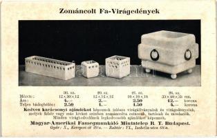 Zománcolt fa-virágedények, a budapesti Magyar-Amerikai Famegmunkáló Mintatelep reklámja / enamelled wooden pots, Hungarian advertisement