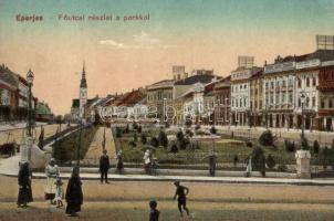 Eperjes, Presov, Fő utca, kiadja Groszmann Ernő Pallas könyvüzlete / main street, park