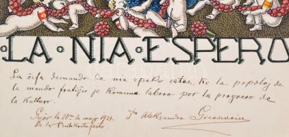 1922 Schima Bandi (1882-1959): Pünkösdi Eszperanto üdvözlet. vegyes technika, papír / Esperantist pe...