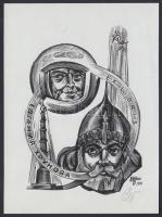 ET jelzéssel: Űrhajós ex libris. Fametszet / Russia astronaut bookplate wood-engraving. Signed 8x11 cm
