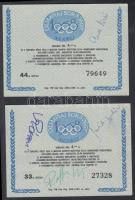 1967 Jurik Gyuláné Heirits Erzsébet (1938- ) Európa-bajnok asztaliteniszező és más sportolók aláírásai 2 db mexikói olimpiai sorsjegyen /  1967 Signatures of Hungarian sportsmen and -woman on 1968 Summer Olympics lottery ticket