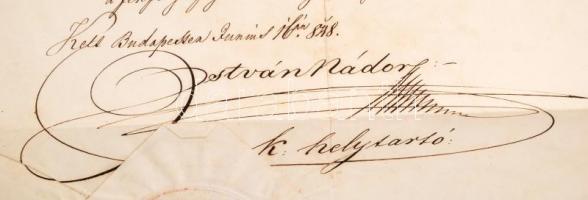 1848 Házasságkötési engedély, magyar nyelven, felzetes viaszpecséttel, István nádor és Deák Ferenc i...