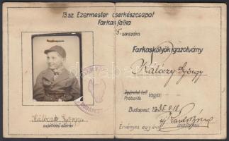 1935 a 13. sz. Ezermester Farkasfalka cserkészcsapat fényképes farkaskölyök igazolványa /  1935 Cub Scout wolf cub identity card with photograph