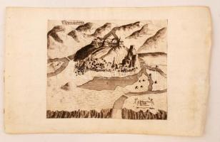 cca 1600-1700 Knin várának látképe, rézmetszet, papír, 15,5×18,5 cm /  cca 1600-1700 The view of Knin Fortress, copper etching, on paper, 15,5×18,5 cm