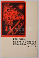 Buday György (1907-1990) 1933 Kellemes Húsvéti Ünnepeket. Linómetszet. Jelzett a dúcon. Sarkánál kis gyűrődés./ Easter greeting lino-engrawing, signed on the print. 10x16 cm
