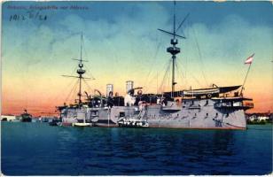 Kriegsschiffe vor Abbazia / K.u.K. Kriegsmarine ironclaid warship by Opatija (kopott sarkak / worn edges)
