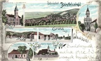 Bánfalva, Sopronbánfalva, Wandorf; Evangélikus népiskola, Fő tér, Kápolna, Katolikus népiskola, floral litho (b)