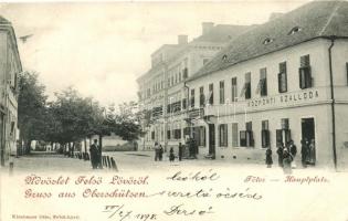 1898 Felsőlövő, Oberschützen; Főtér, Központi szálloda, kiadja Kirnbauer Ottó / main square, hotel