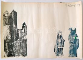 Bálint Endre (1914-1986): Tornyok. Monotípia, papír, jelzett, gyűrött, festék foltokkal, 28×41 cm