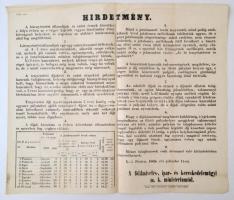 1868 Lótenyésztésért járó díjak és ezüst kiosztásáról szóló hirdetmény, magyar nyelven, jó állapotban, 38x44cm