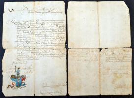 1692 Diószegi Szabó I. István címerkérő folyamodványa, latin nyelven, a kérvényezett címer (az adományozottal mindenben megegyező) színes képével, a külzet elválik, szakadásokkal /  1692 Petition for grant-of-arms of István I Szabó de Diószeg, written in Latin, with the coloured drawing of the petitioned coat-of-arms (completely identical with the granted one), torn in two with small tearings